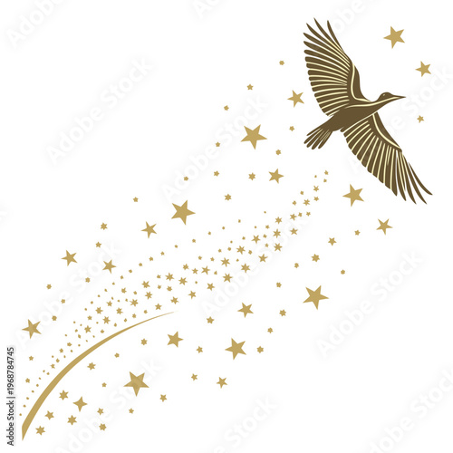 A golden bird in flight soars through a starry night sky leaving a shimmering trail of stardust behind it