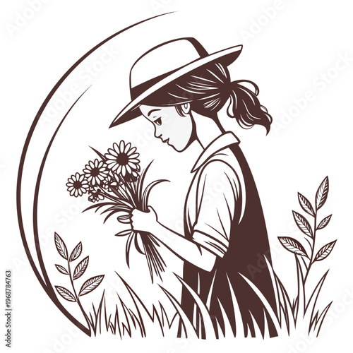 A vintage style illustration depicts a young woman in a hat gently holding a bouquet of daisies in a field