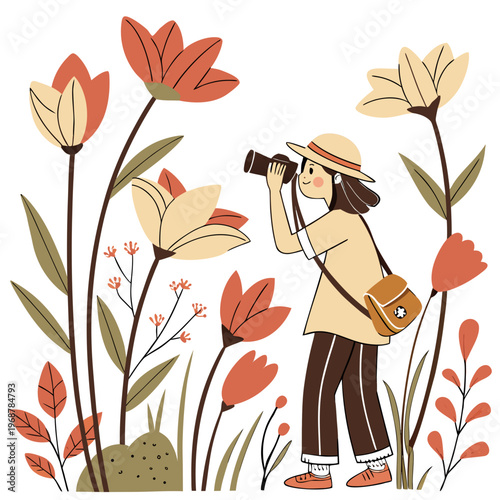 A young woman with a camera observes vibrant wildflowers in a stylized illustrative garden setting enjoying nature s beauty