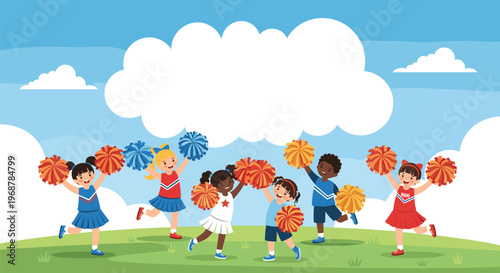 Diverse group of happy children in cheerleader uniforms holding pom-poms and performing on a grassy field under a bright sky.