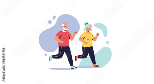 Active elderly man and woman characters jogging together for health and fitness against a decorative abstract background.