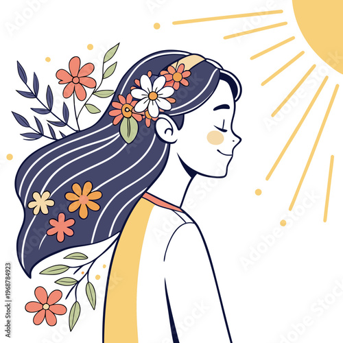 A serene illustration depicts a woman with flowing hair adorned with colorful wildflowers basking in the gentle warmth of the sun