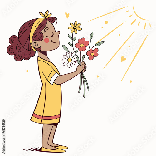 A cheerful young woman with curly hair lovingly smells a colorful bouquet of flowers under a bright radiant sun