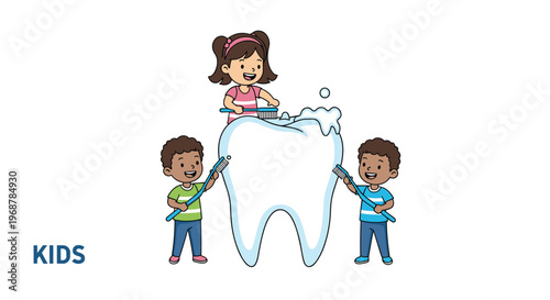 Three happy children working together to brush a giant white tooth with blue toothbrushes and soap bubbles for dental hygiene.