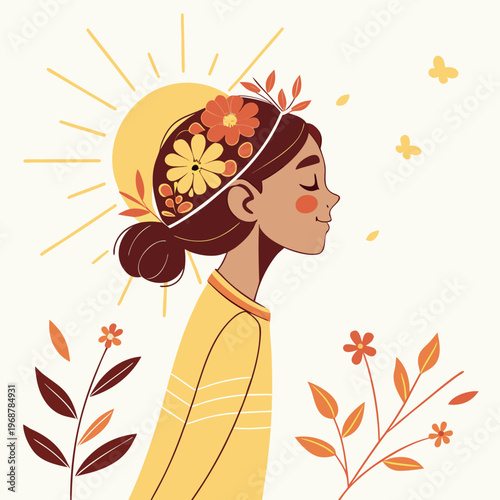 A serene illustration depicts a young woman with eyes closed basking in the warmth of a radiant sun and floral adornments