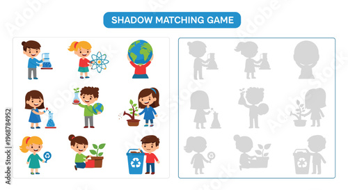 Educational shadow matching game for kids featuring diverse children performing various science and environmental activities.