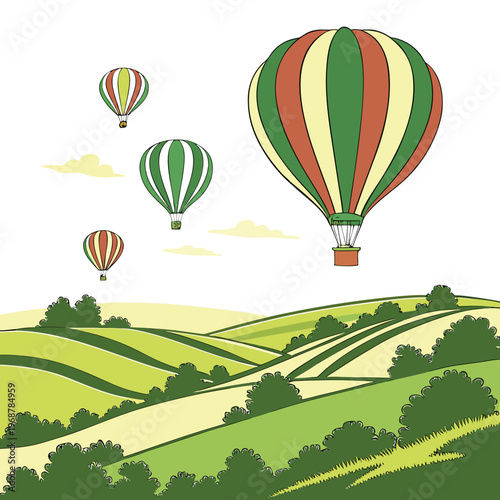 A colorful illustration features three hot air balloons floating above rolling green hills and a bright blue sky high quality