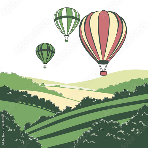 A colorful illustration depicts three hot air balloons soaring above rolling green hills and a simplified landscape high quality professional
