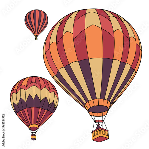 A vibrant illustration depicts three colorful hot air balloons of varying sizes against a plain white background high quality professional