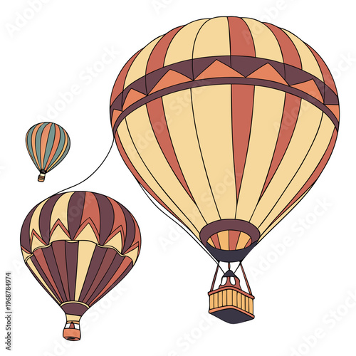 A colorful illustration depicts three hot air balloons of varying sizes and designs floating against a plain white background