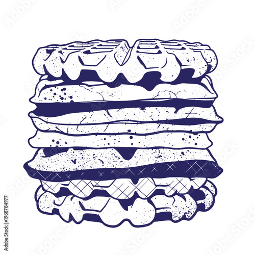 Stack of layered waffles with textured crust and grid patterns in dark blue ink on a white background