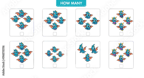 Educational counting game for preschool children titled How Many featuring sets of cute blue winged dragons in boxes.