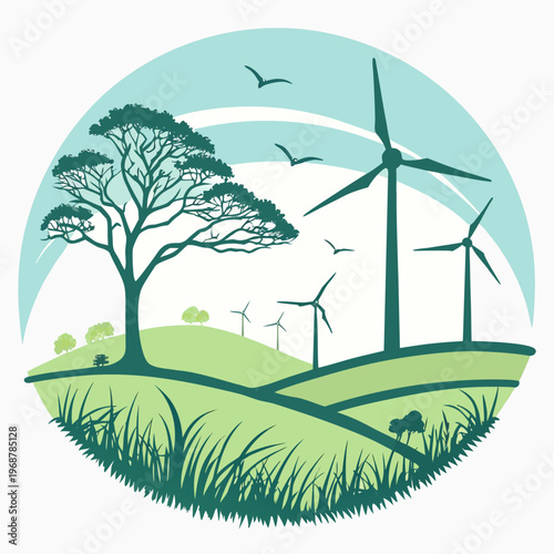 A stylized landscape depicts a lush green field trees wind turbines and a bright blue sky symbolizing renewable energy