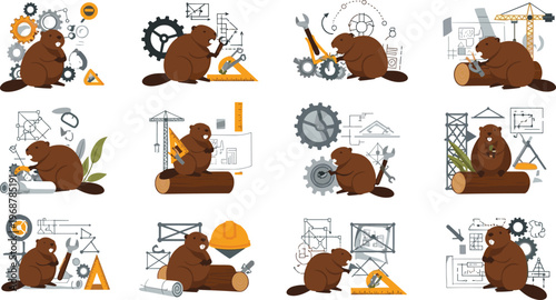 Beaver engineering illustration collection with construction tools, gears and building concepts, hardworking animal vector design set