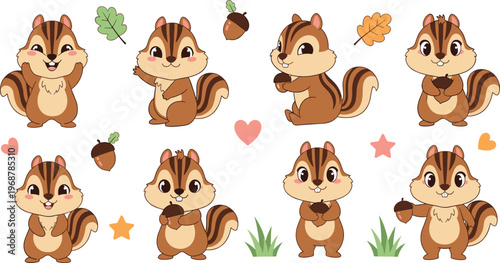 Cute chipmunk cartoon collection with acorns, hearts and playful poses, adorable woodland animal characters vector illustration set