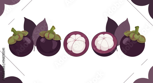 Fresh Mangosteen Fruits Whole and Halved with Leaves on White Background