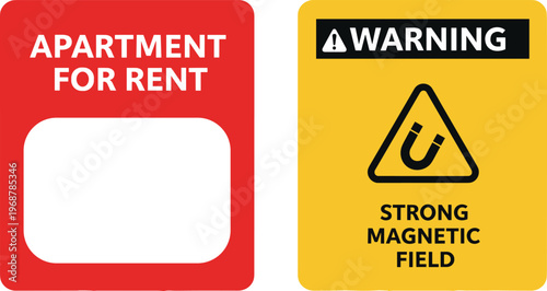 Apartment Rent Warning Sign Vector Set. Apartment for rent and warning sign vector set with strong magnetic field caution label isolated illustration