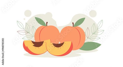 Fresh Peaches and Slices with Leaves, Healthy Organic Fruit, Summer Harvest, Flat Design