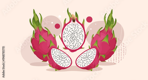 Vibrant Dragon Fruit Halves and Whole Fruits on a Soft Pink Background with Abstract Shapes