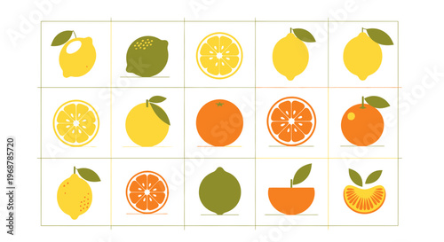 Vibrant Citrus Fruit Assortment: Lemons, Limes, Oranges, and Slices - Flat Design Icons