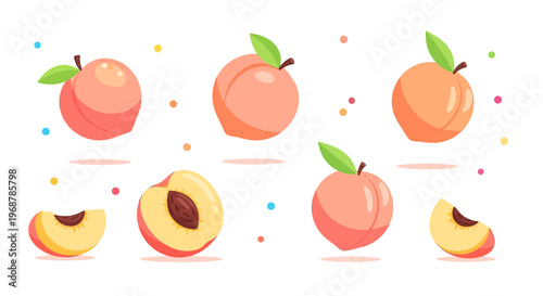 Vibrant Peach Collection: Whole Fruits, Slices, and Halves with Colorful Dots