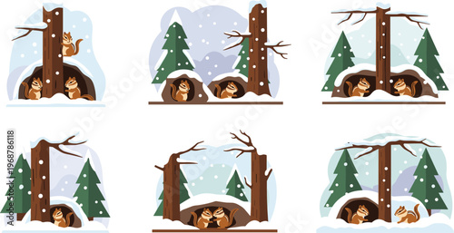 Winter squirrel burrow illustration collection with snowy forest scenes, tree hollows and cute wildlife animals vector design se