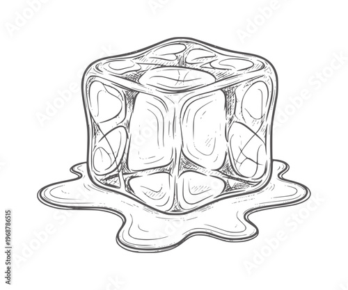 Hand drawn melting ice cube with water puddle