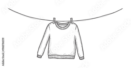 Hand drawn of a sweater drying a clothesline with clothespins laundry handdrawn