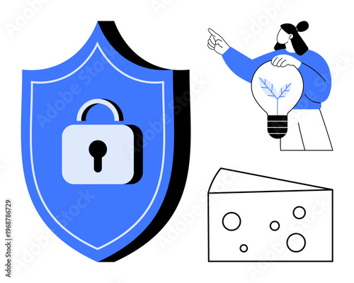Cybersecurity, innovation, sustainability ideas, intellectual property, food industry, creativity. Blue shield with lock, person with lightbulb slice of cheese. Cybersecurity and innovation
