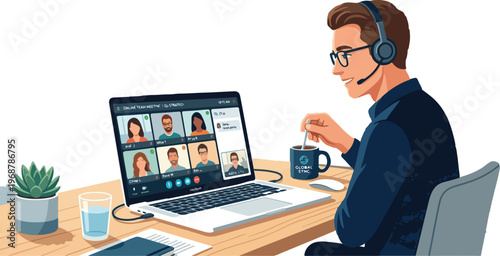 Young man sitting at cafe table with coffee and sandwich