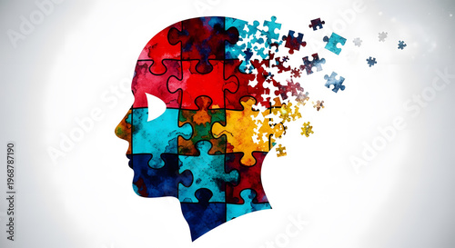 mental health awareness conceptual art | Alzheimer's disease and memory loss illustration | human mind puzzle pieces breaking apart | cognitive decline symbol