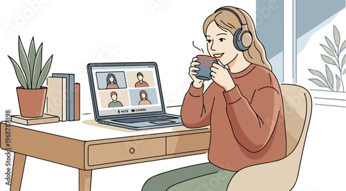 Woman stretching in morning while holding hot coffee cup