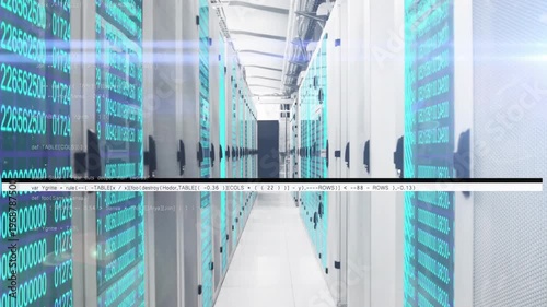 Showing datacenter aisle with racks, black glitch bar appearing, moving while overlays showing flow