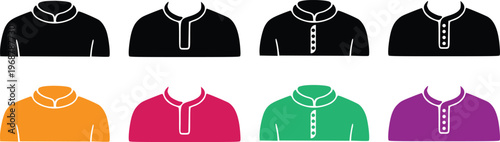 Kurta Collar Shirt Icon Set, Traditional Panjabi Clothing Vector, Ethnic Wear Silhouette Collection