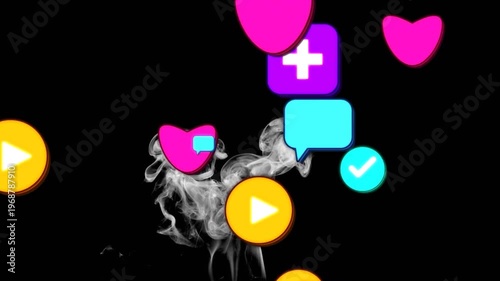 Rising smoke plume starting bright icons entering floating layering forming central social cluster