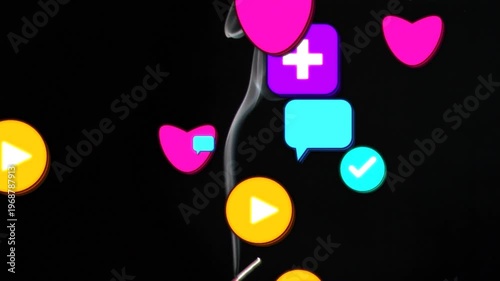 Rising thin smoke plume twisting from incense at bottom center in black void, with colorful icons