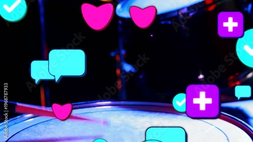 Snare drum centering as drum hit causing heart and play icons filling frame for music promotion