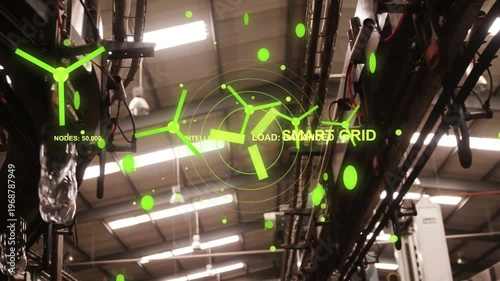Neon-green overlay emerging over cable rack turbines forming radar rings mapping smart grid nodes
