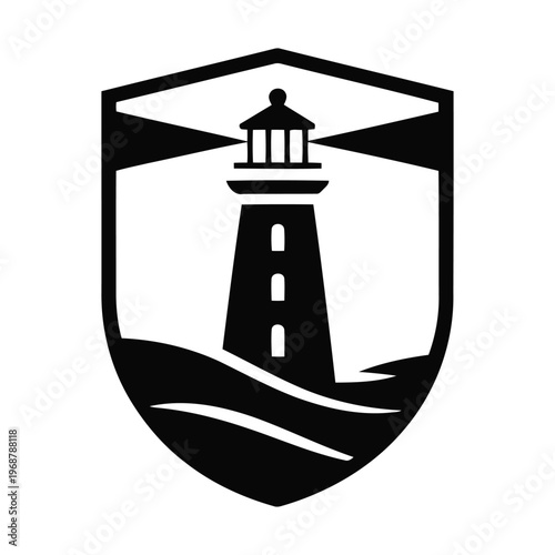 Black and white shield emblem featuring a lighthouse on a hill with light beams