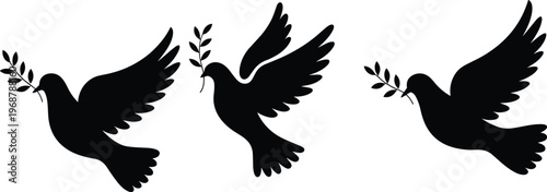 Black silhouette of three doves of peace flying with olive branches in their beaks isolated on white background for religious or international peace day concept.