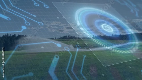 Sprinkler activating, holographic interface appearing over farm, rotating HUD monitoring moisture