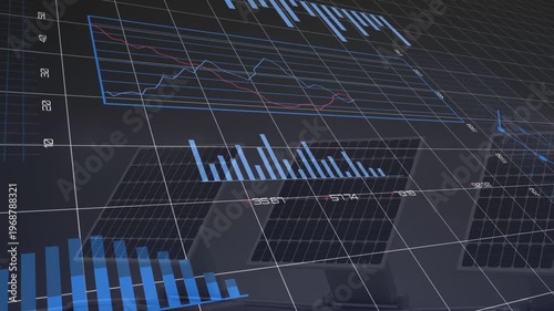 Camera initiating slow fly-through across 3D data dashboard, charts animating, visualizing trends