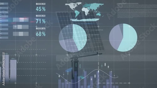 Data pulse sending charts animating and reorganizing around solar panel showing performance metrics