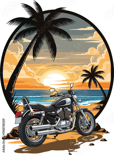 A vintage motorcycle parked on a tropical beach at sunset framed by palm trees