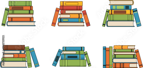 Book Stack Collection Featuring Various Colorful Book Designs for Library and Education Illustrations