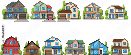 Collection of Modern and Traditional House Illustrations Featuring Various Home Designs for Real Estate and Architecture Graphics