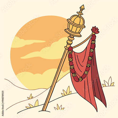 Golden mace with red flag and garland against sunset sky with flat design