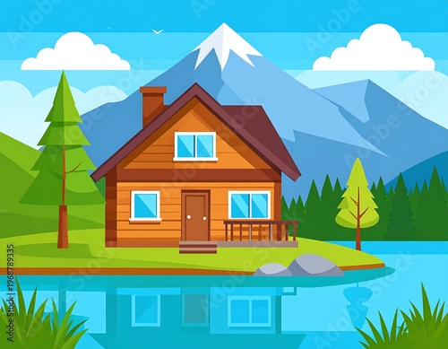 Cartoon-style illustration of a cozy wooden cabin nestled by a serene lake, against a backdrop of mountains and trees under a sunny sky