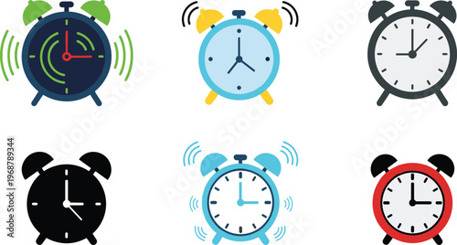 Alarm Clock Collection Featuring Various Styles and Colors for Time Management and Wake-up Illustrations