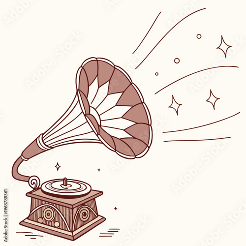 Vintage gramophone with sound waves illustration with record player with line art